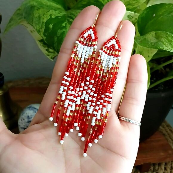 Boho Chic Beaded Fringe Dangle Earrings, Gold Red White, 4" - Picture 7 of 8